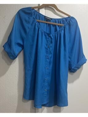 Express Blue Boat Neck Button Down Cuffed Sleeve Blouse